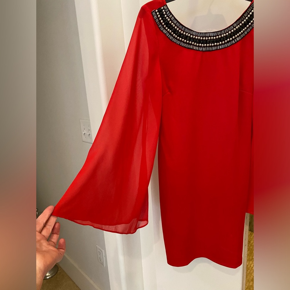 Bright red cocktail dress with beaded accent, size XS